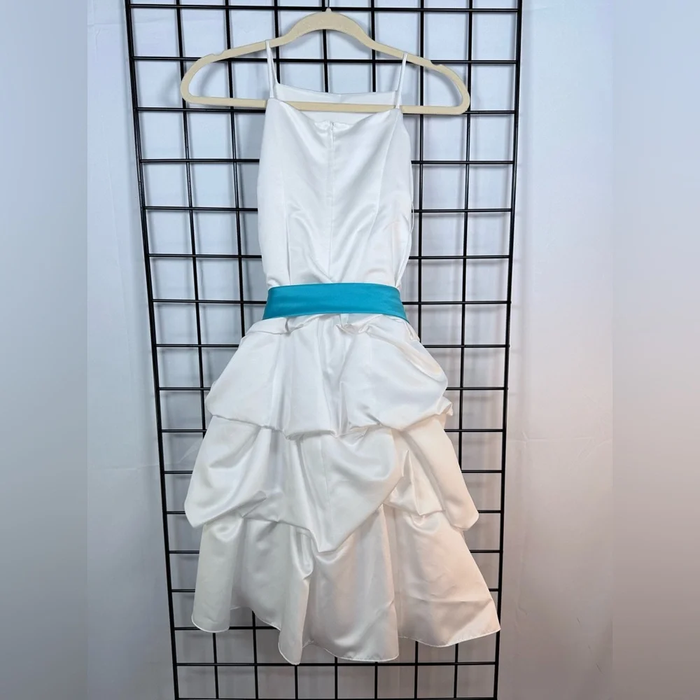 David’s Bridal Flower Girl Satin‎ Pick-up Ballgown Dress Girls 5 White Turquoise - Picture 3 of 7
